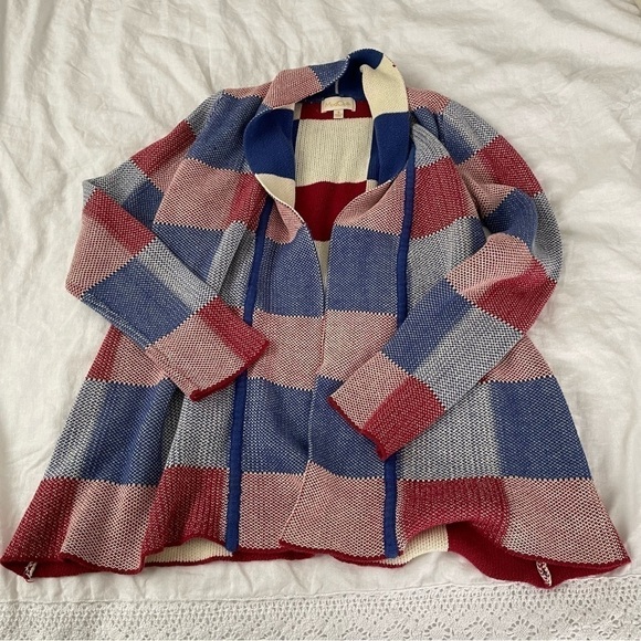ModCloth SMALL Simply Snuggly Plaid Cardigan Blue Red Cotton - Picture 2 of 11